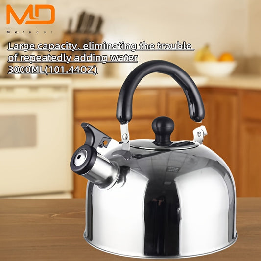 Versatile 3000ml stainless steel tea pot with whistle for all stove types. Easy to clean and reusable, perfect for home or commercial use. Large capacity suitable for all seasons. Perfect