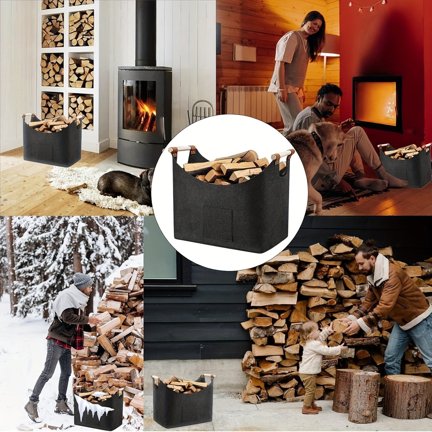 Extra large foldable log basket designed for fireplaces, 55L capacity with thickened felt material for wood storage. Features extended handles for easy indoor wood burner transport, keeps firewood organized. Made with durable dark gray material.