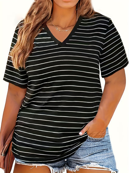 Versatile striped V-neck t-shirt for plus size women, perfect for summer and spring.