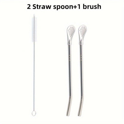 Set of 3 stainless steel straws with spoons, including a stirring spoon, detachable cleaning straw, juice milk tea filtering straw, and straw brush. These drinkware accessories are essential kitchen supplies.