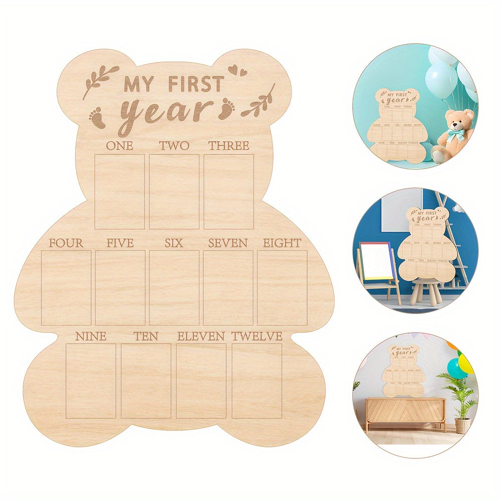 Baby's First Year Milestone Bear Photo Display: 12 Months, Wooden Keepsake Board - Ideal for Boys and Girls.