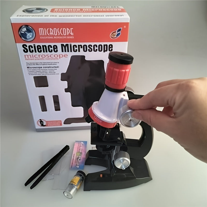 High-definition microscope set for kids with 100X-1200X magnification made of durable ABS material.