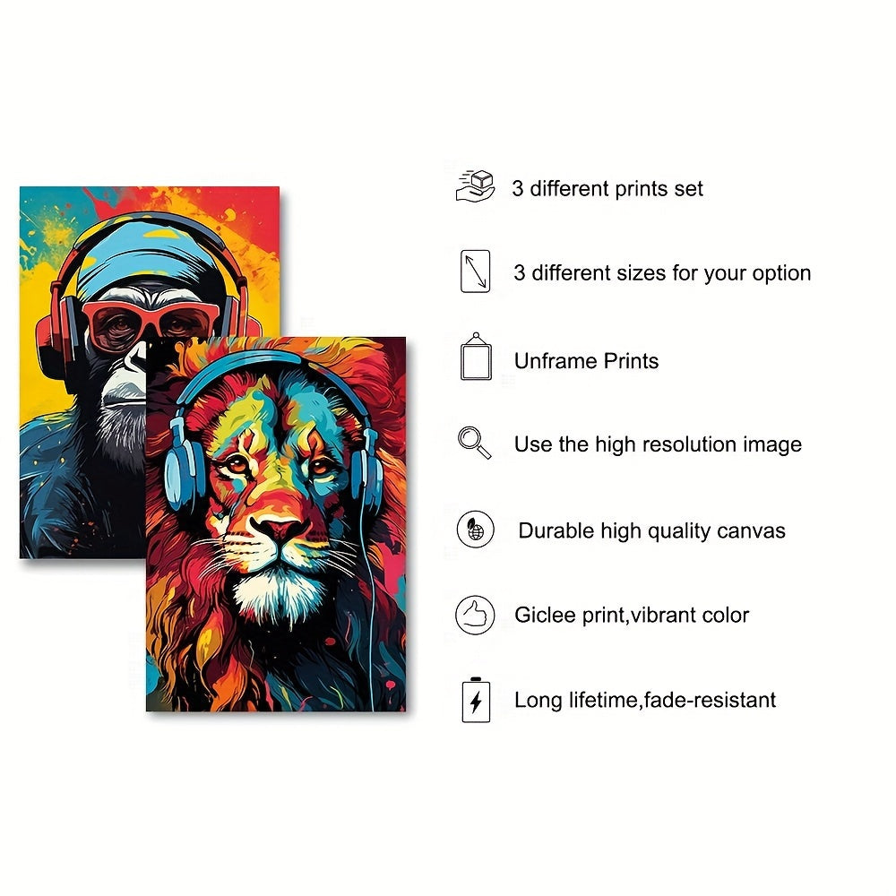 Canvas posters featuring modern art of animal earphones - tiger, wolf, and chimpanzees. Ideal for gifting or decorating bedrooms, living rooms, or corridors. No frame included.