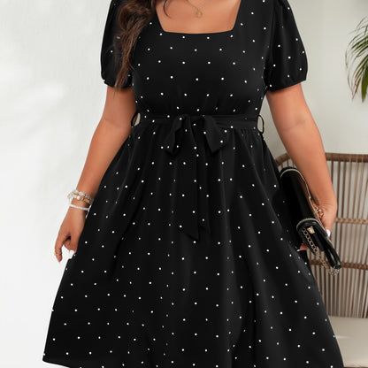 Polka Dot Print Dress - Square Neck, Short Sleeve, Belted - Plus Size Women's Clothing