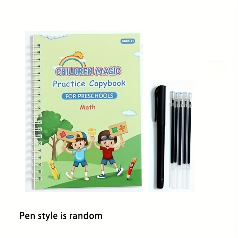 Kids Educational Writing Practice Set includes spiral bound copybook with pen for preschoolers to learn alphabet, numbers, and addition for early literacy and math skills development.