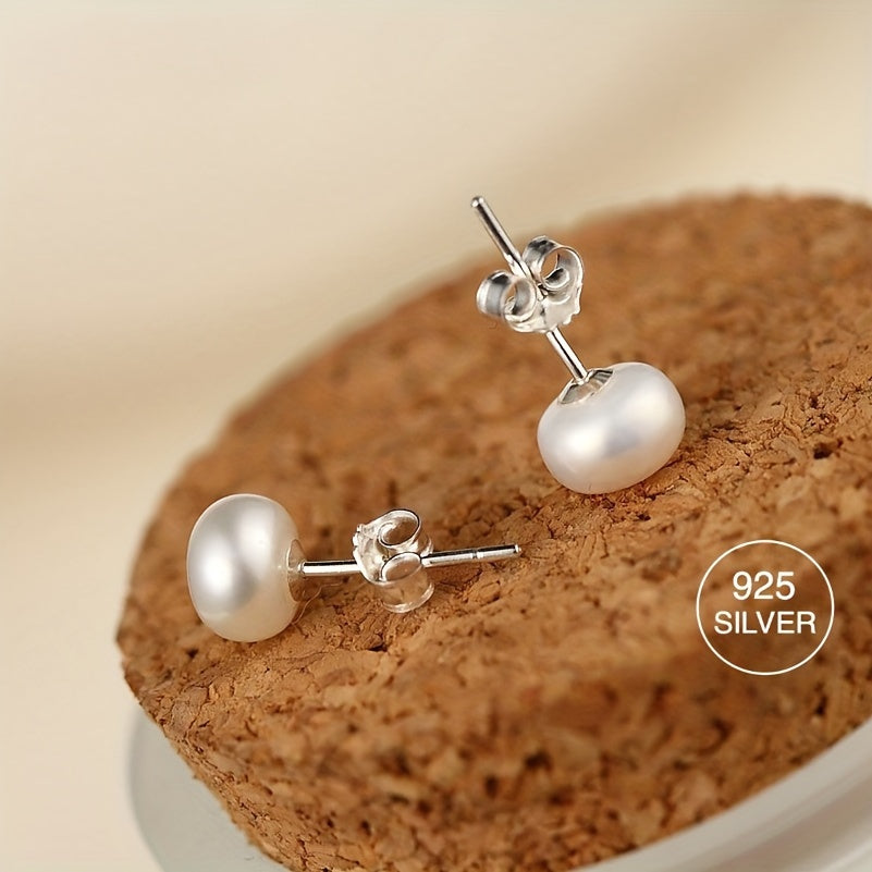 S925 Silver Stud Earrings with Natural Freshwater Pearls - Elegant and Versatile Flat Round Pearl Studs for Daily Wear or Special Occasions