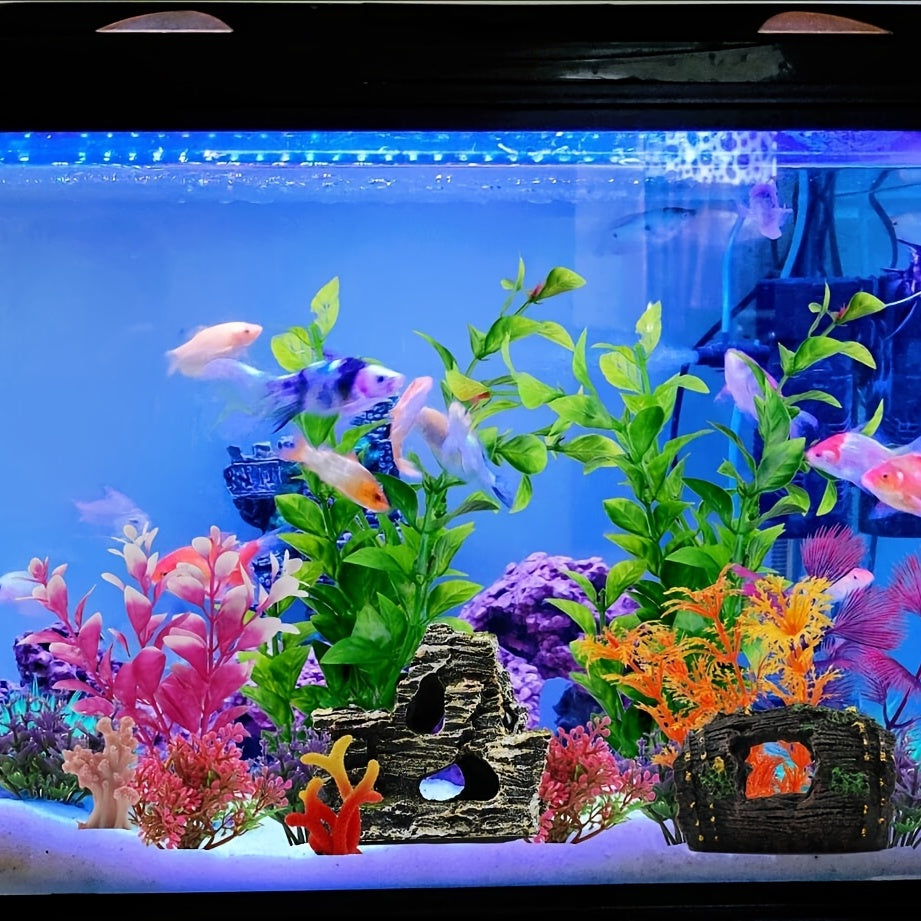 15pcs Fish Tank Decorations including resin broken barrel, cave rock view, and plastic plants