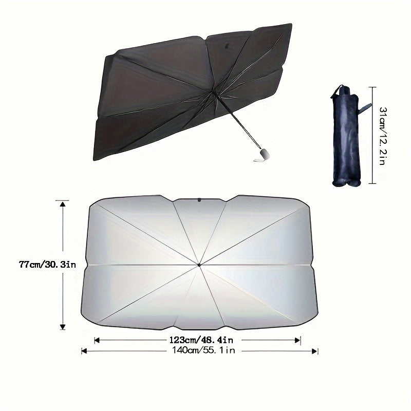 Foldable car windshield sunshade umbrella blocks UV rays and fits most cars. Can be folded for easy storage and has reflective cover.