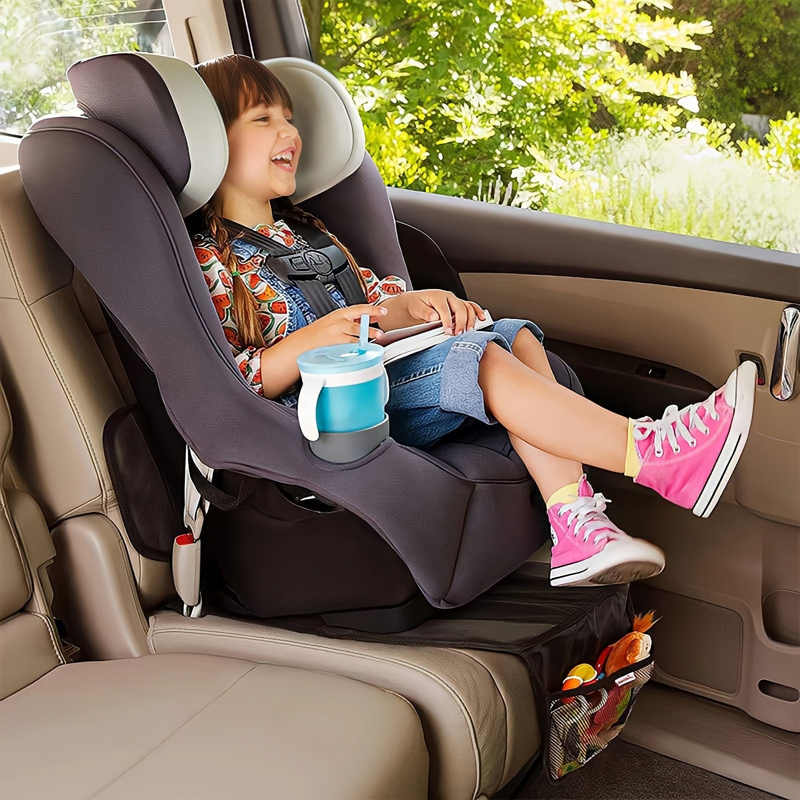 Protect your car seats with a specially designed seat protector for young children. Made from durable Oxford fabric with easy installation, anti-slip mesh, and PVC faux leather corners for added durability.