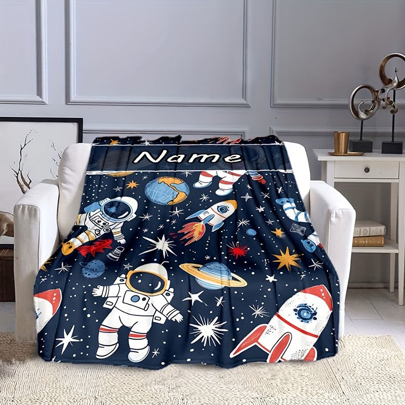 Customize your space-themed decor with a personalized Astronaut Rocket Blanket! Made of luxurious flannel velvet, this blanket is perfect for keeping warm during autumn and winter. Use it as a napping blanket or to add a cozy touch to your sofa. It also