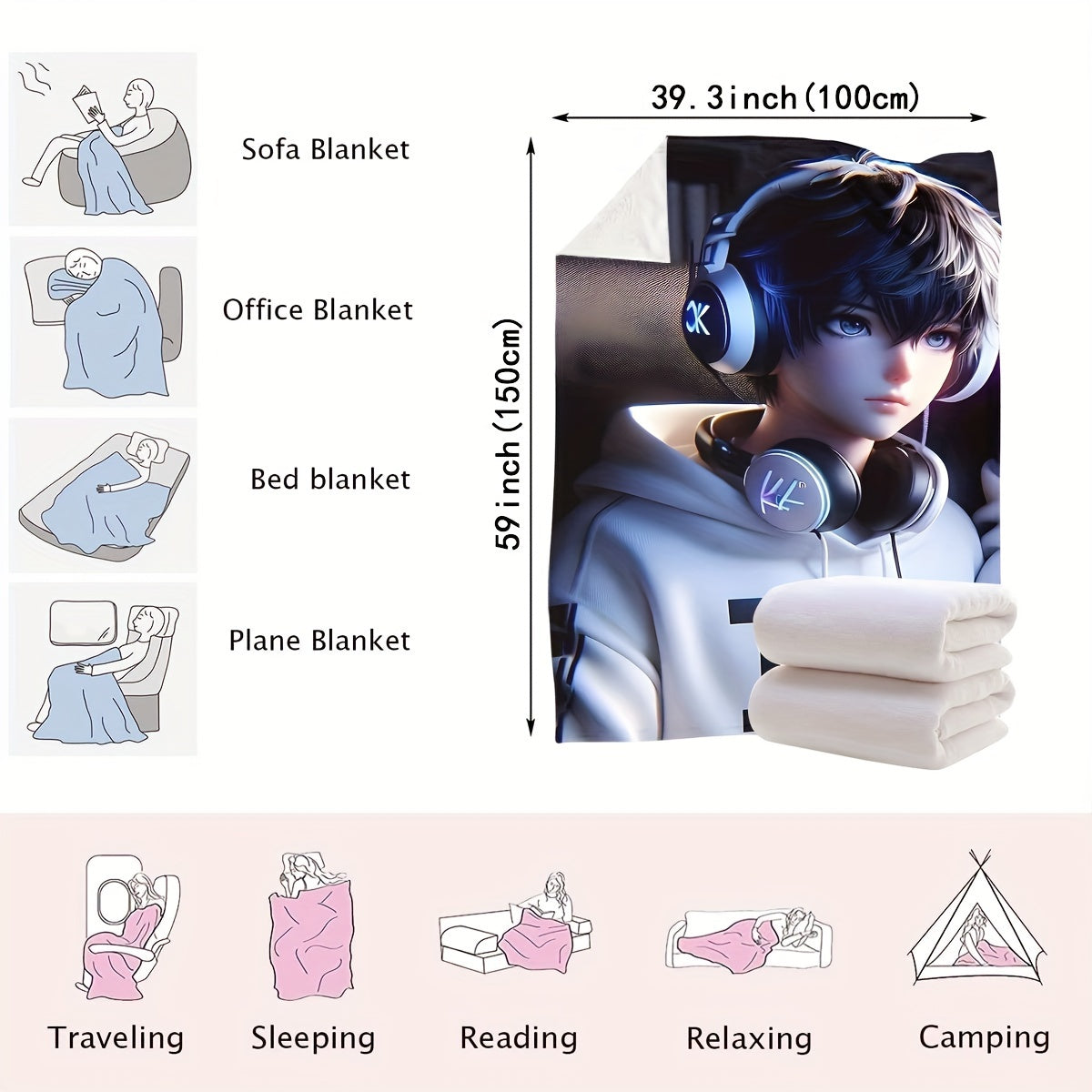 Modern Music Melody Headphones Throw Blanket - High-Quality Digital Print Polyester Throw Perfect for Any Setting, Great for Bedroom, Sofa, Car, and Travel - Lightweight and Comfortable Fabric, Simple and Stylish Design, Suitable for All Seasons.