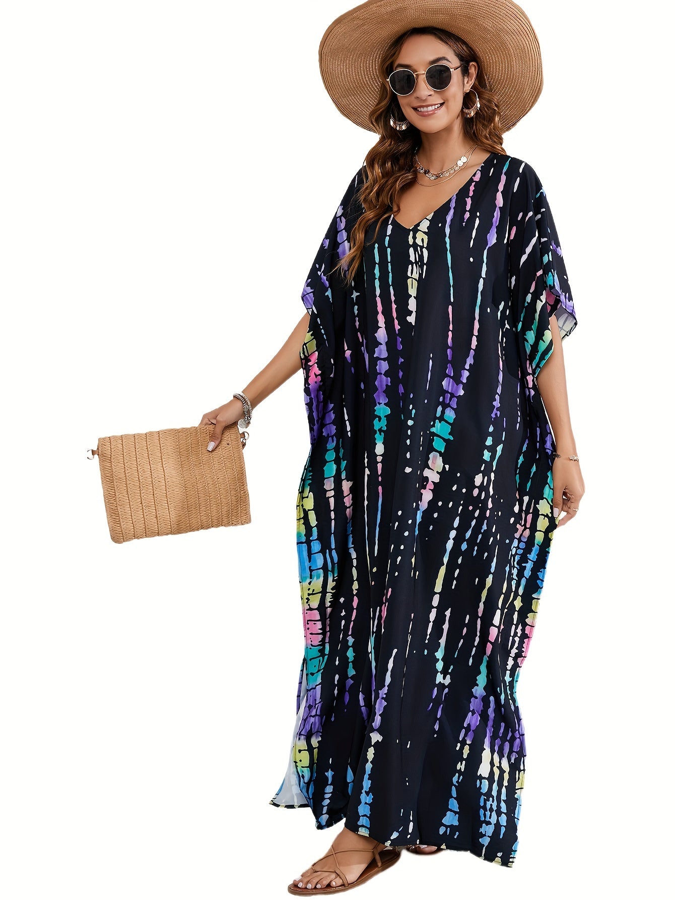 Plus Size Boho Cover Up with Tie Dye Stripes and Batwing Sleeves