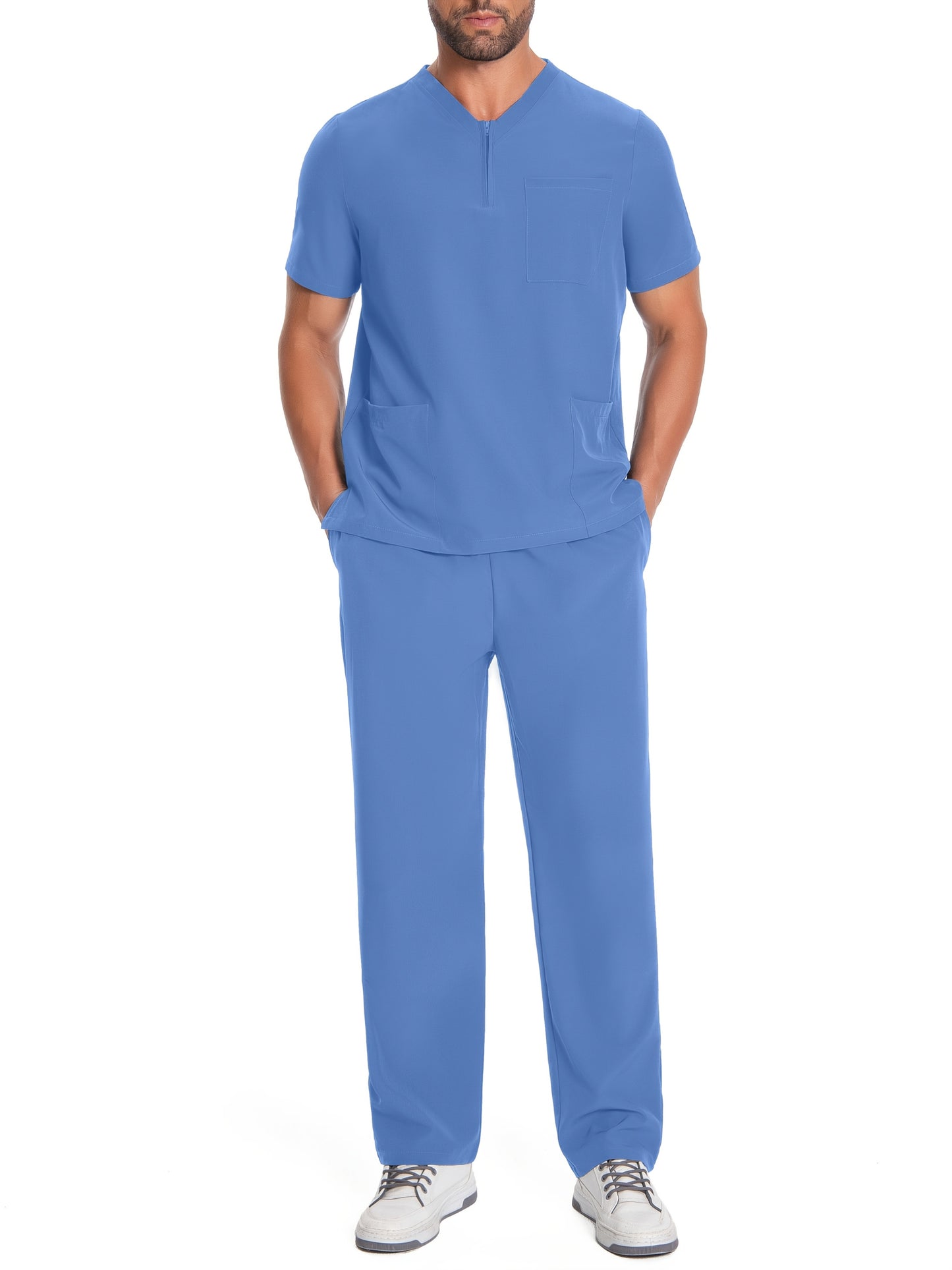 Men's Polyester V-Neck Scrub Set with Short Sleeves, Solid Color, Zipper Detail, and Elastic Waistband Pockets for Healthcare, Lab, Pet Grooming Uniforms.