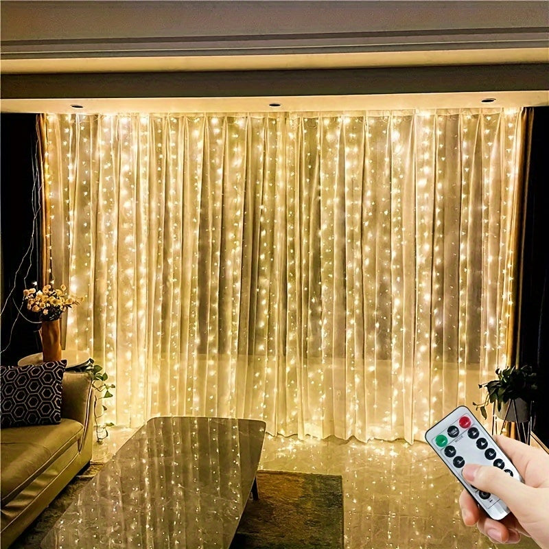 Multifunctional LED curtain lights with remote control, 8 modes for various occasions - USB powered. Available in warm white, white, and purple.