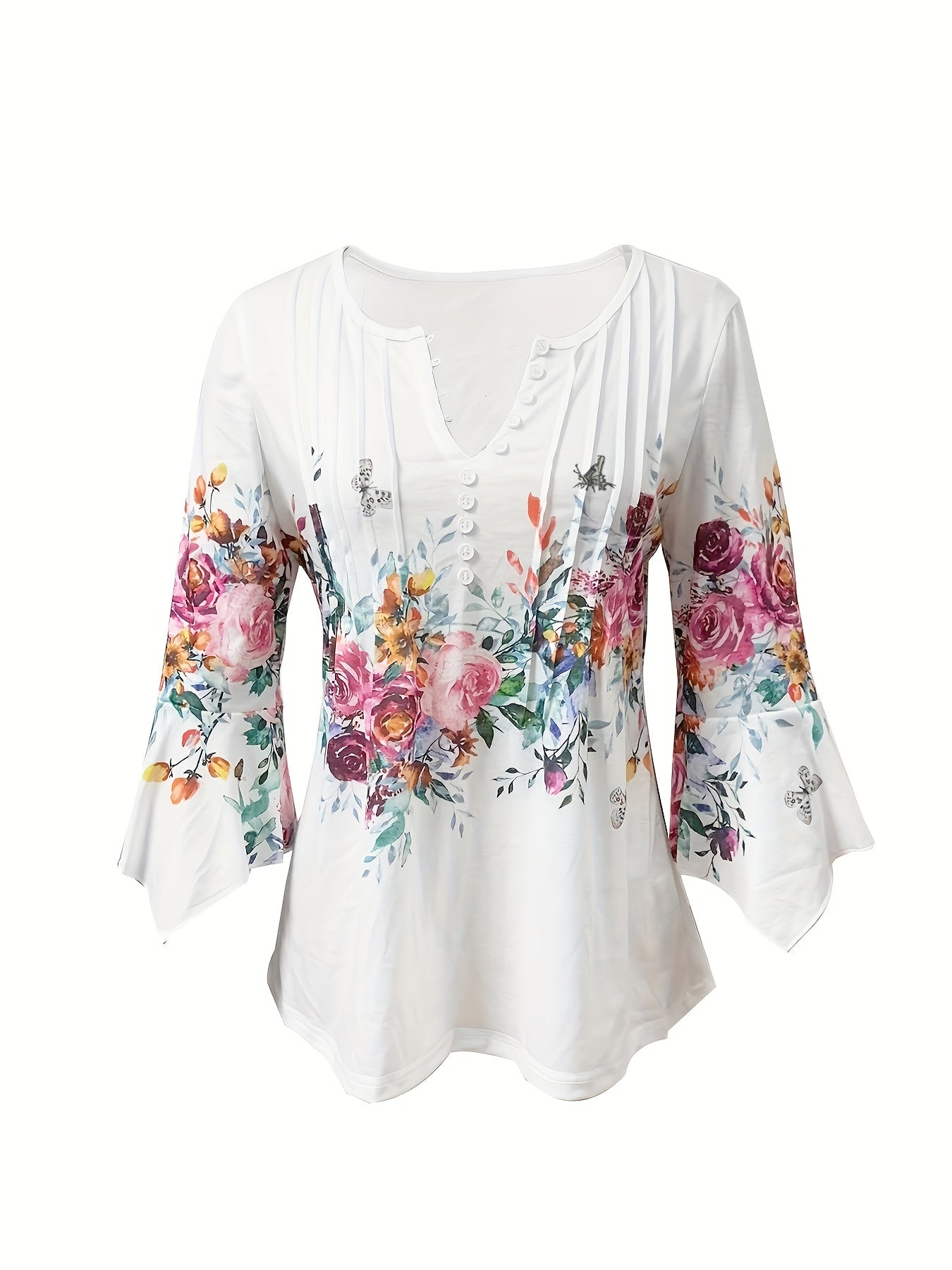 Women's Floral Print Notched Neck Blouse for Spring & Summer.