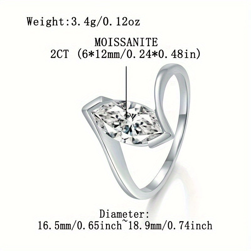 Stunning 2ct Moissanite Twist-Arm Ring for Women - Crafted with Hypoallergenic S925 Sterling Silver, Ideal for Engagement, Weddings, Valentine's Day, and Mother's Day. Includes an Elegant Gift Box and Certificate, Weighing 3.4g. Perfect as a Birthday