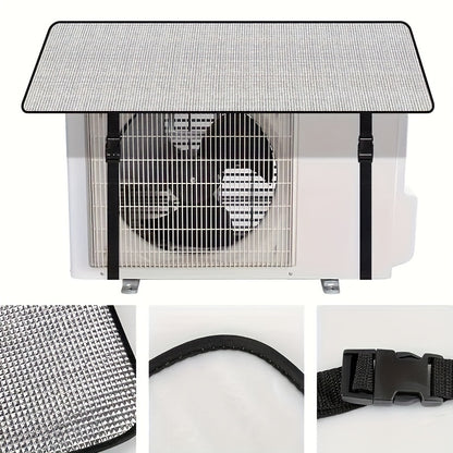 Sturdy flame retardant air conditioner cover with snap closure, waterproof sunshade, easy installation, silver polyester blend for outdoor furniture protection.