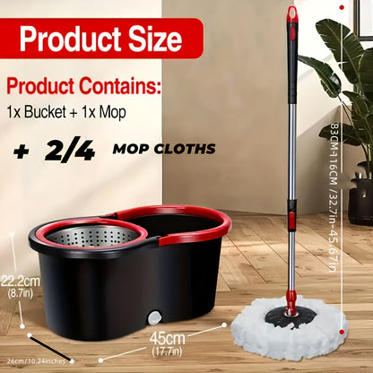 The Black Compact 360° Rotating Mop and Bucket Kit comes with Two Microfiber Mop Heads, a Adjustable Stainless Steel Handle, and a Cleaning System for Schools and Bathrooms.