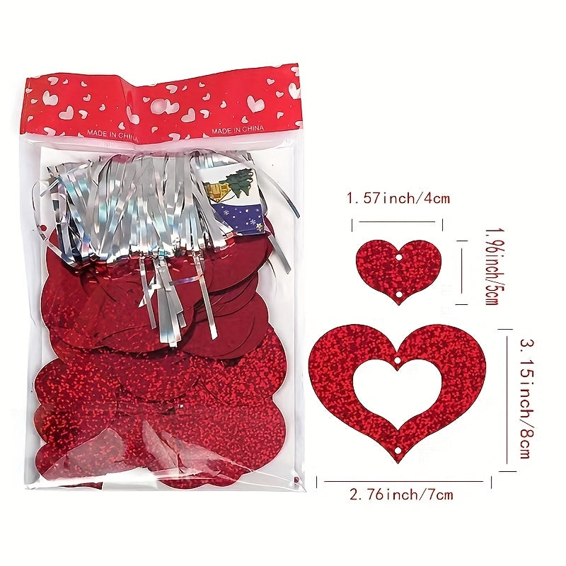 50 Valentine's Day hanging heart decorations in red with silk strings for DIY hanging. Suitable for various decorations and arrangements, silk strings need to be threaded for hanging.