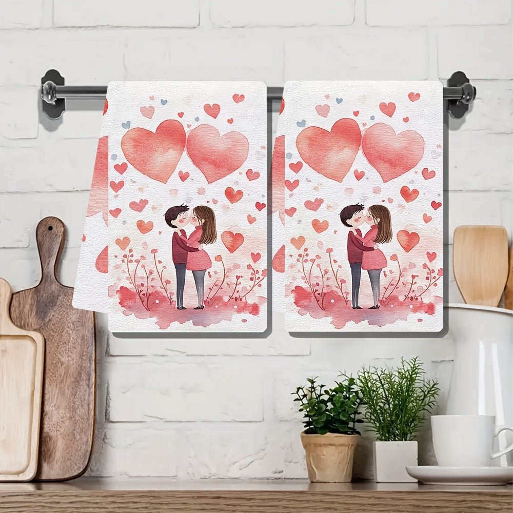 Set of 2 Ultra Soft Valentine's Day Kitchen Towels featuring Romantic Embrace Design, with High Absorbency and Machine Washable Material. Measures 40.64x60.96 cm, Ideal for Holiday Decoration and Kitchen Use