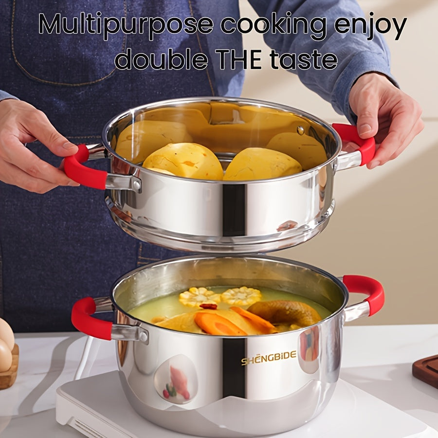 This set includes 16 pieces of stainless steel cookware, perfect for all your cooking needs. The set contains 4 pots, 1 frying pan, 1 milk pot, 6 pot lids, 2 spatulas, 1 spoon, and 1 steamer. The pots are designed to distribute heat evenly and quickly