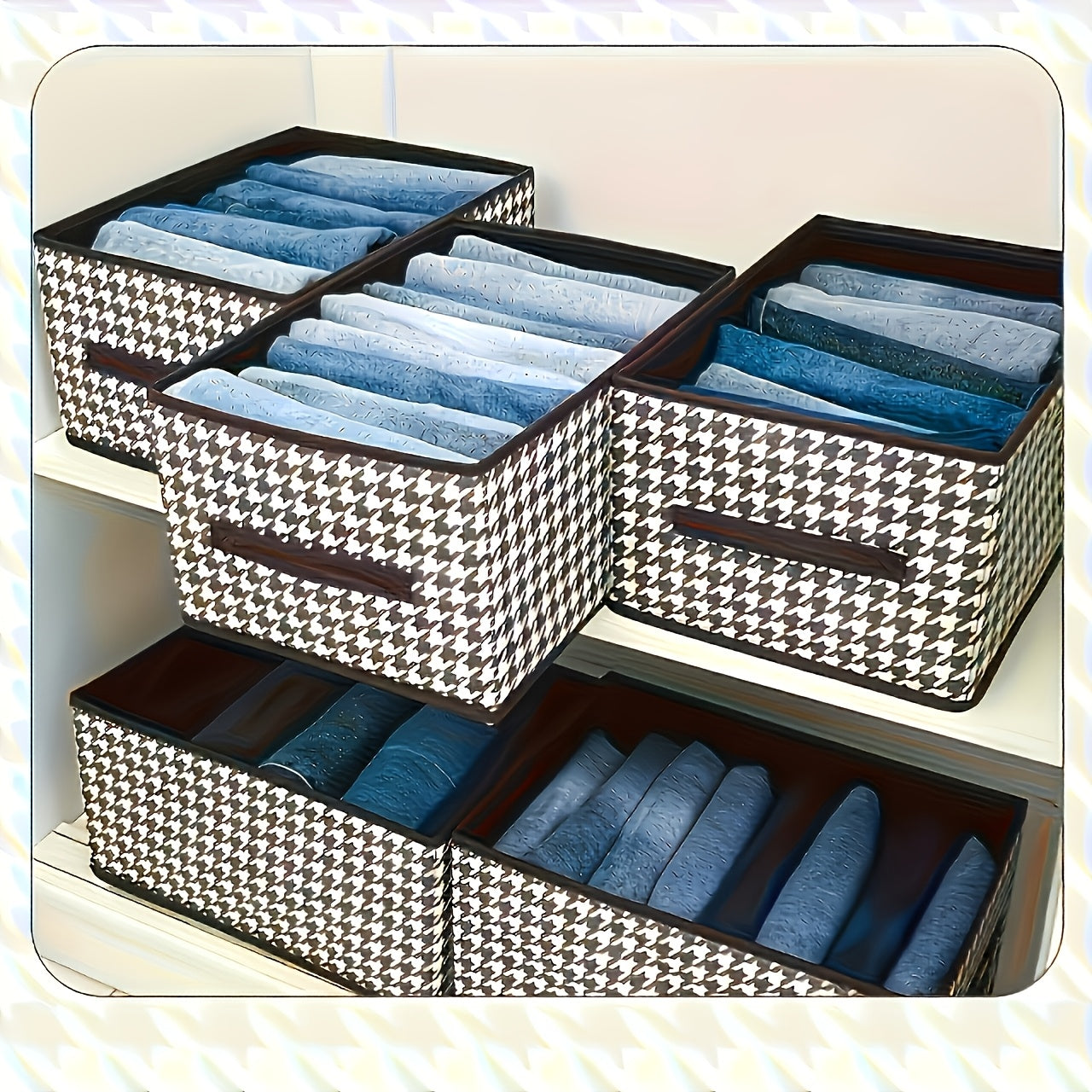 6 large folding storage bins in houndstooth fabric for clothes, toys, and trunk organization.