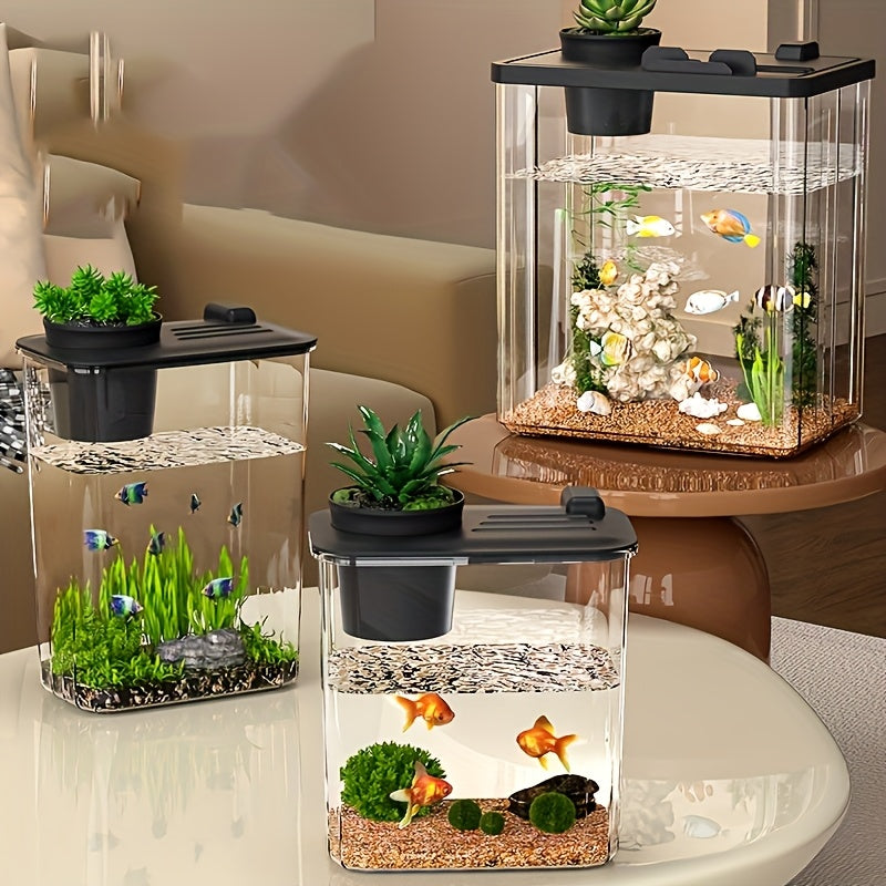 Beginner-friendly desktop aquarium suitable for goldfish and small pets, ideal for office decor, made of ultra-clear acrylic.