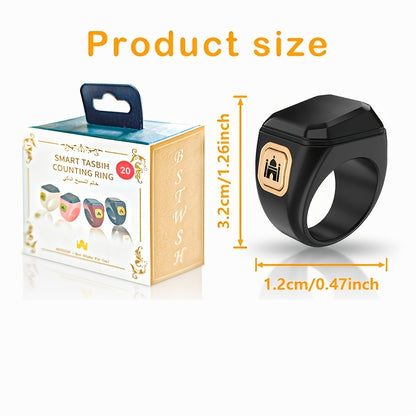 Fashionable Smart Prayer Watch Ring with prayer counter, reminders, directional guide, OLED screen, long-lasting battery, declaration alarm, beads, and charging cable. Perfect gift for