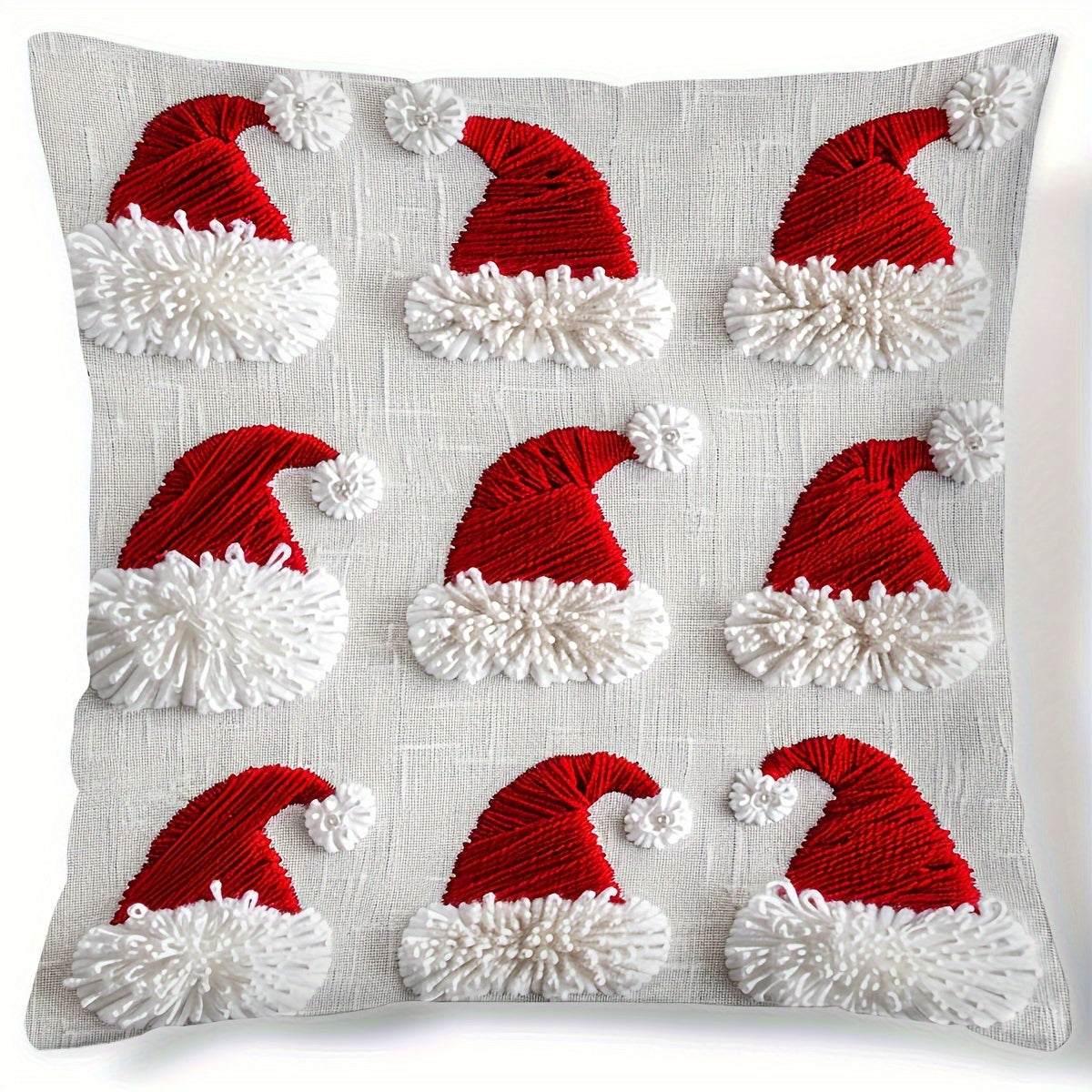 Christmas Santa hat design throw cushion cover, single sided, hand wash only, 44.96x44.96 cm, zipper closure, 100% polyester, festive weave, no insert.