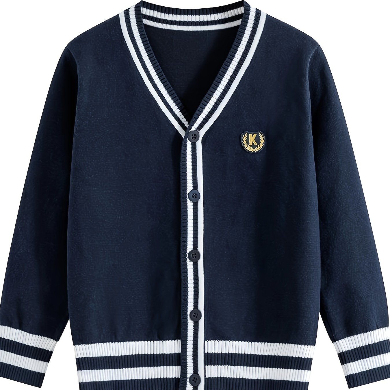 Youngsters' black and white striped V-neck cardigan with "K" logo, suitable for boys and girls in spring and fall. Perfect for school uniforms, stylish and versatile.