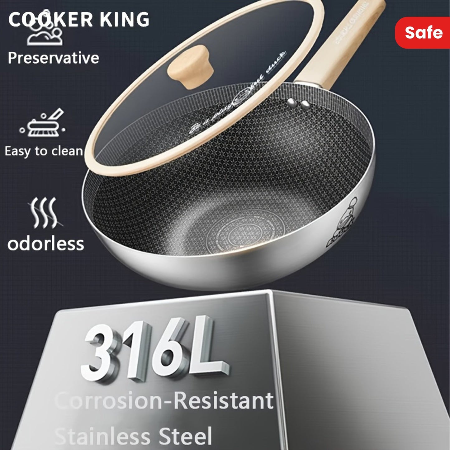 The COOKING KING Non-Stick Stainless Steel Wok Pan with Lid is PFOA Free and safe to use in the dishwasher and oven. It is also compatible with induction cooktops, making it a perfect choice for home kitchens.