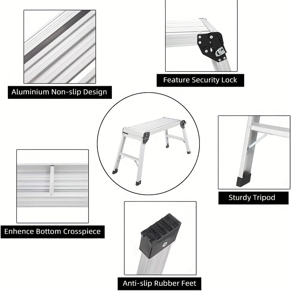 Portable aluminum step stool ladder with 149.7Kg load capacity and non-slip feet. Ideal for vehicle washing, cleaning, painting, and decorating. Does not require a battery.