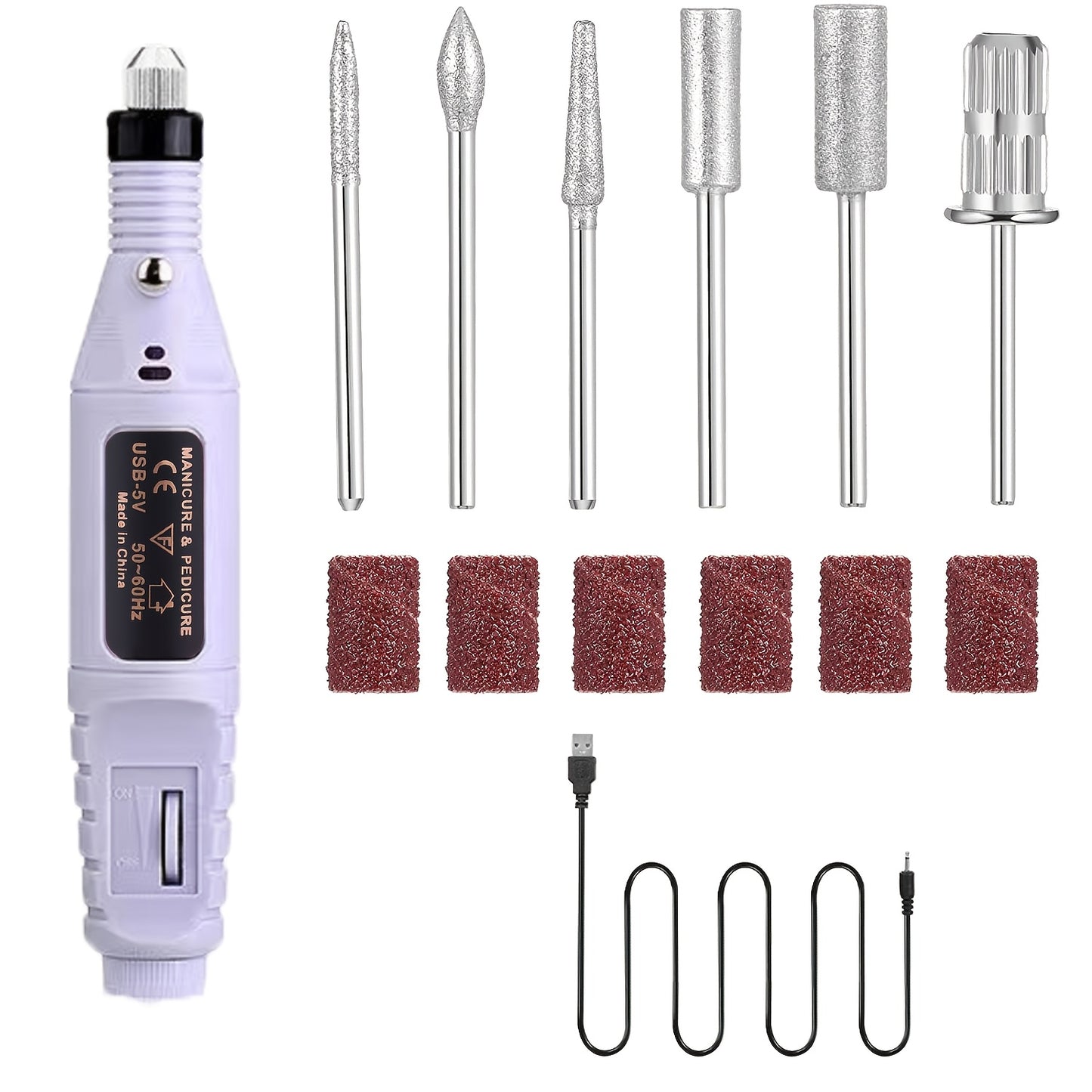 Portable electric nail drill kit with adjustable speed, USB-powered, includes multiple attachments for DIY nail art and manicure/pedicure, no battery required.