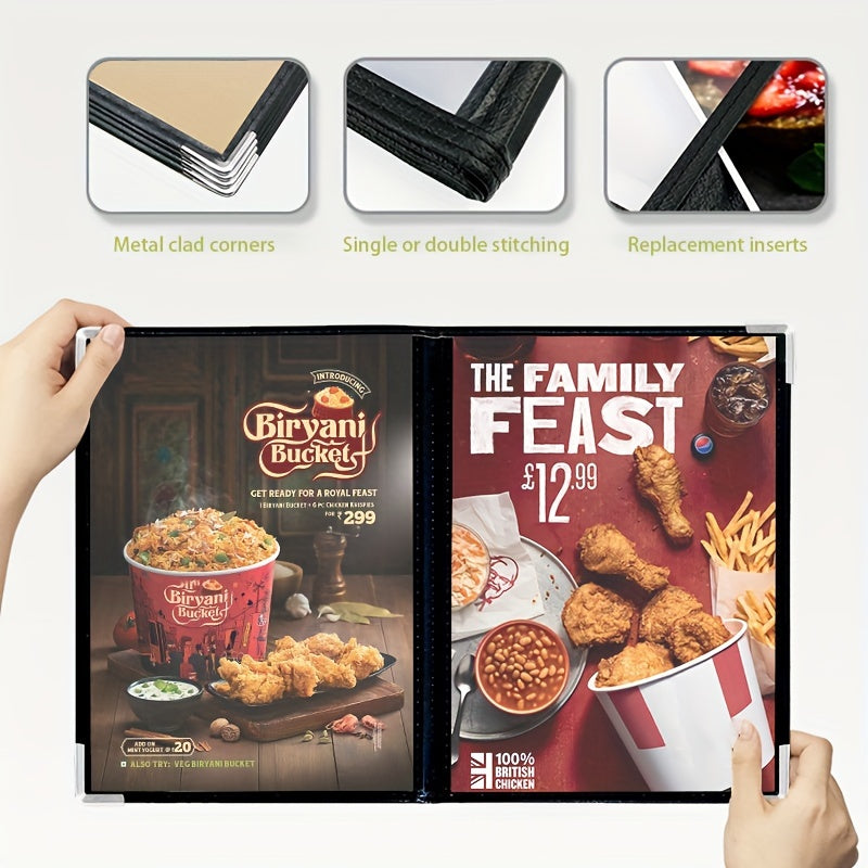 A set of 4pcs A4 leather menu display books with transparent loose-leaf pages, perfect for showcasing menus and recipes in restaurants. Includes PVC loose-leaf recipe book and cash register folder. Ideal for kitchen organization and storage.