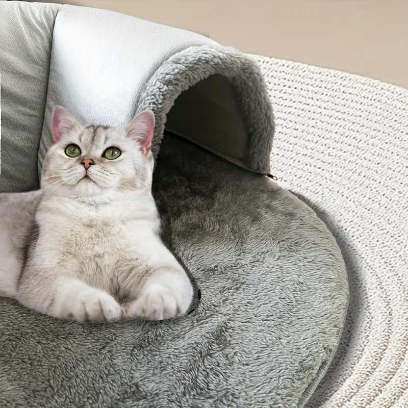 Cozy cat tunnel bed with play mat and warm nest for small to medium pets.