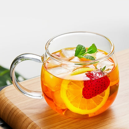 Glass tea cup with infuser, lid, and strainer, holds 380ml/12.85oz. Suitable for various drinks like lemon juice, water, tea, coffee, and fruit juice, perfect for all seasons.