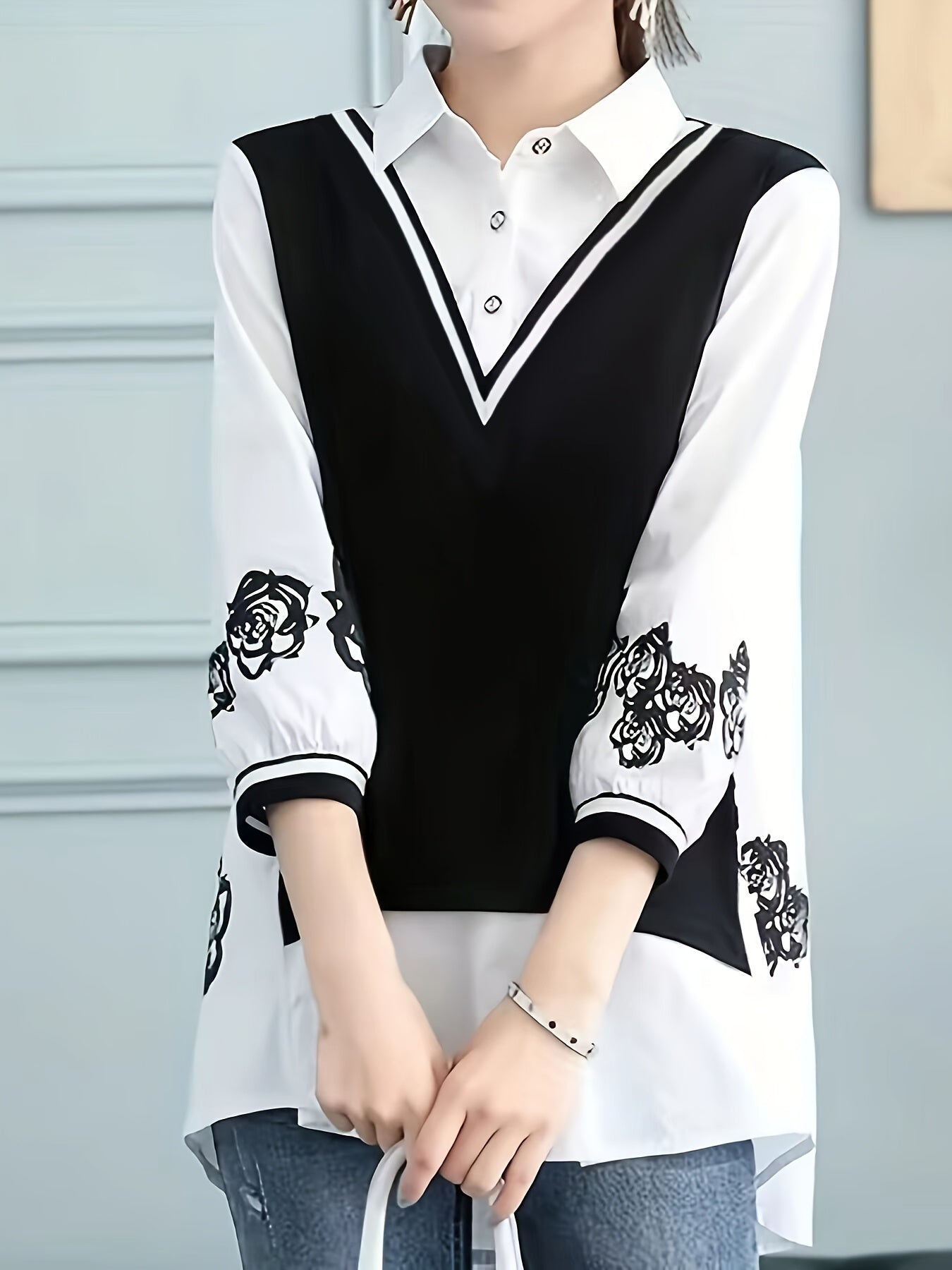 Stylish white and black chiffon shirt with random print design, featuring a unique fake two-piece design for a high-end look.