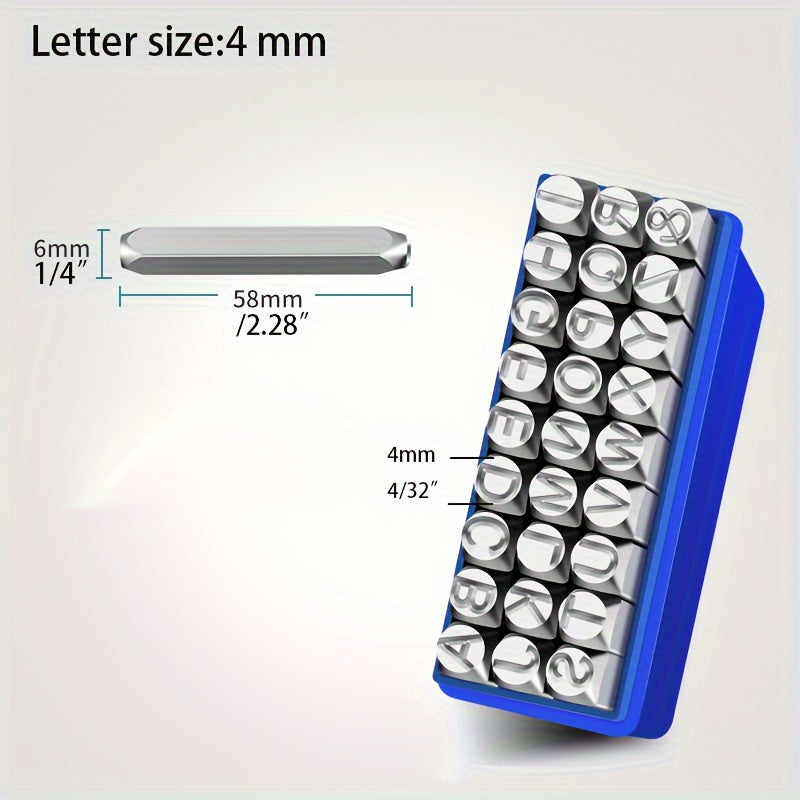 Alloy steel stamp set for imprinting on various materials such as metal, plastic, wood, and leather. Great for crafting and arts.