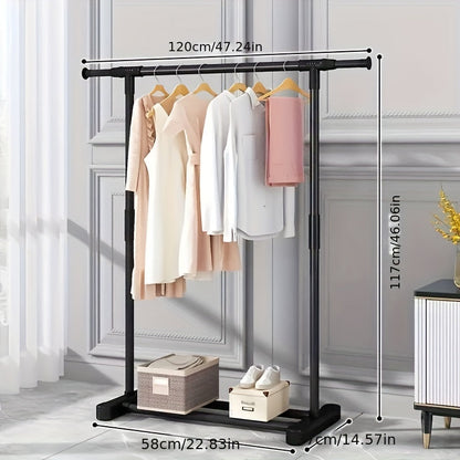 Sturdy Metal Clothes Rack with Built-In Shelf - Standalone, Simple Assembly for Organizing Bedroom & Balcony, Includes Handy Hooks for Versatility