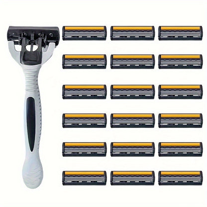 Men's manual razor with stainless steel blades, non-slip handle, and replacement heads. Ideal for beard and mustache grooming.