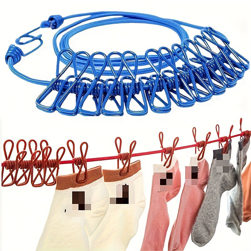 Portable travel and outdoor clothesline with 12 clips, retractable design, windproof laundry drying rope made of metal. Ideal for camping and home use.