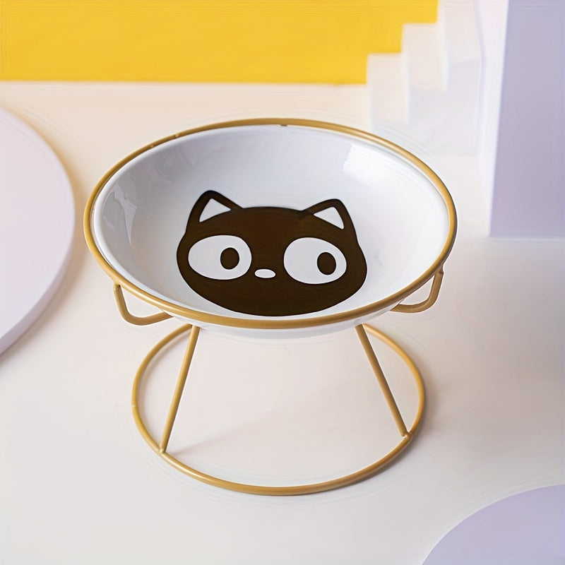 Pack of 2 includes 1pc Shelf + 1pc Bowl Ceramic Cat High Table Bowl with Cartoon Pattern. Health-conscious design suitable for pet feeding at home.