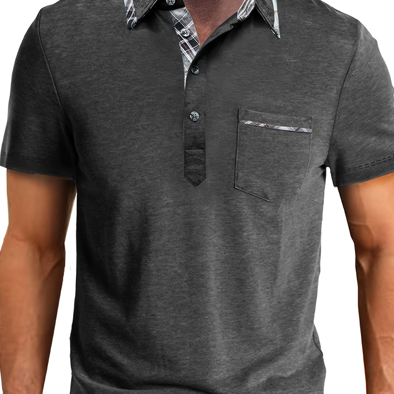 Men's plus size polo shirt with pocket, plaid lapel collar, knit fabric with slight stretch (77% polyester, 19% viscose, 4% elastane), ideal for summer at 180g/m² weight.