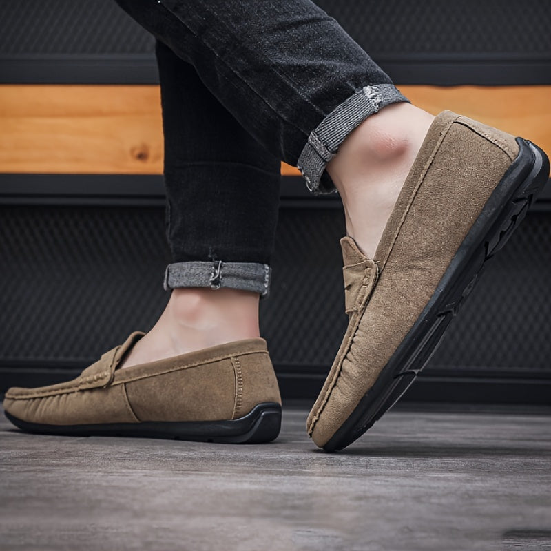 Men's slip-on penny loafers with solid color, non-slip durable soft sole, ideal for daily wear.