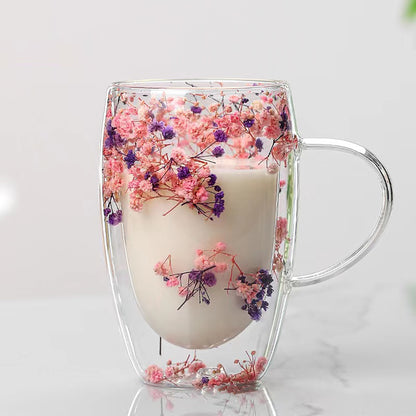 Glass coffee mug with dried flowers, double-walled espresso cups for hot drinks, perfect for all seasons, ideal for birthdays.