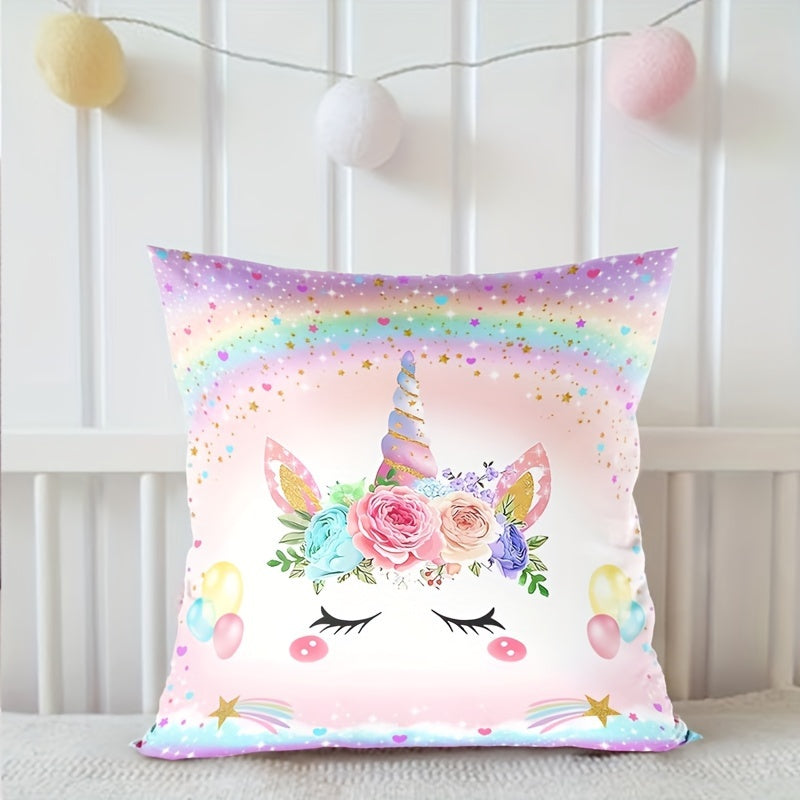 Unicorn-themed pillowcase made of woven polyester with zipper closure. Machine washable and suitable for bedroom, sofa, and home decor. Features contemporary unicorn pattern design.