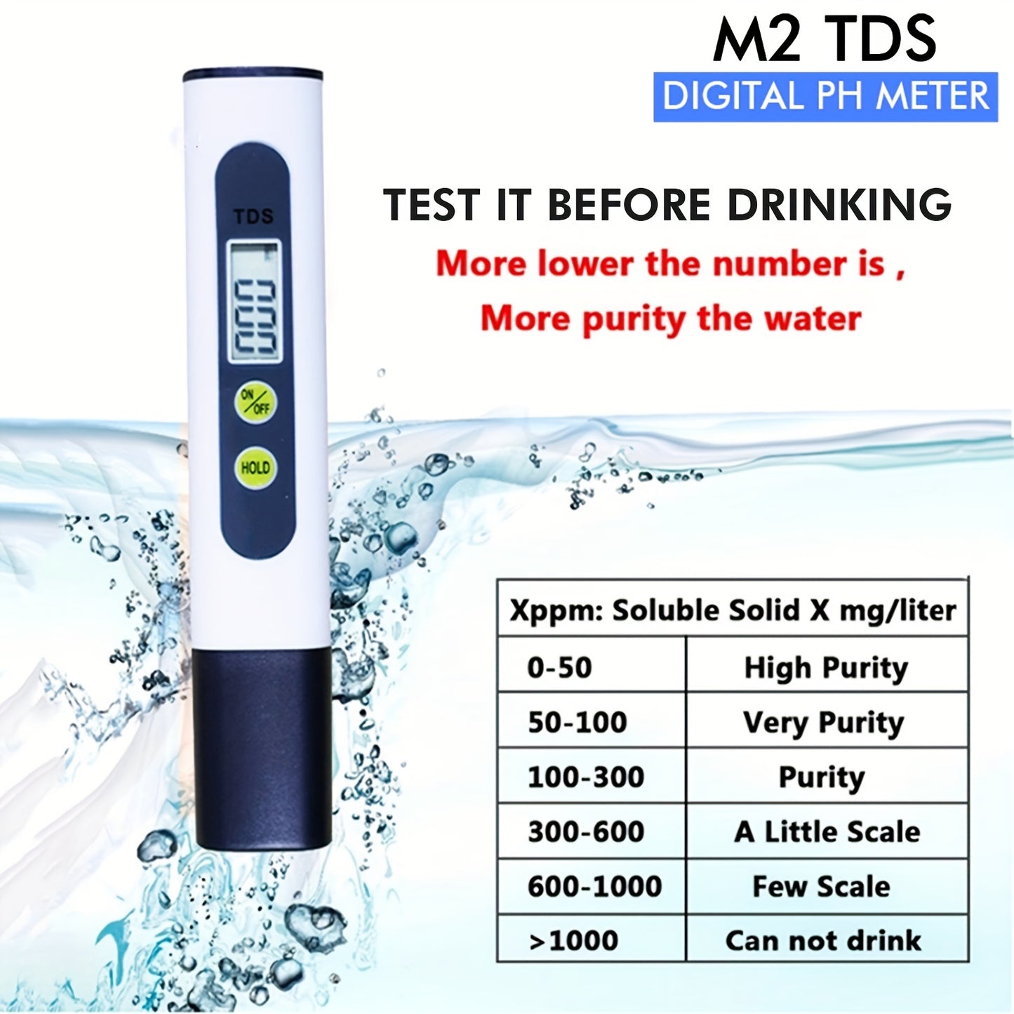 PH TDS Meter Digital Tester Pen for Monitoring Water Quality in Aquariums, Pools, and Spas.