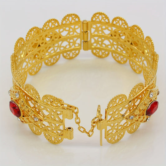 Elegant Arabian-inspired 18K Gold Plated Hollow-Out Cuff Bangle adorned with Synthetic Cubic Zirconia - Adjustable Open Bracelet perfect for Women, suitable for both everyday wear and special occasions like weddings.