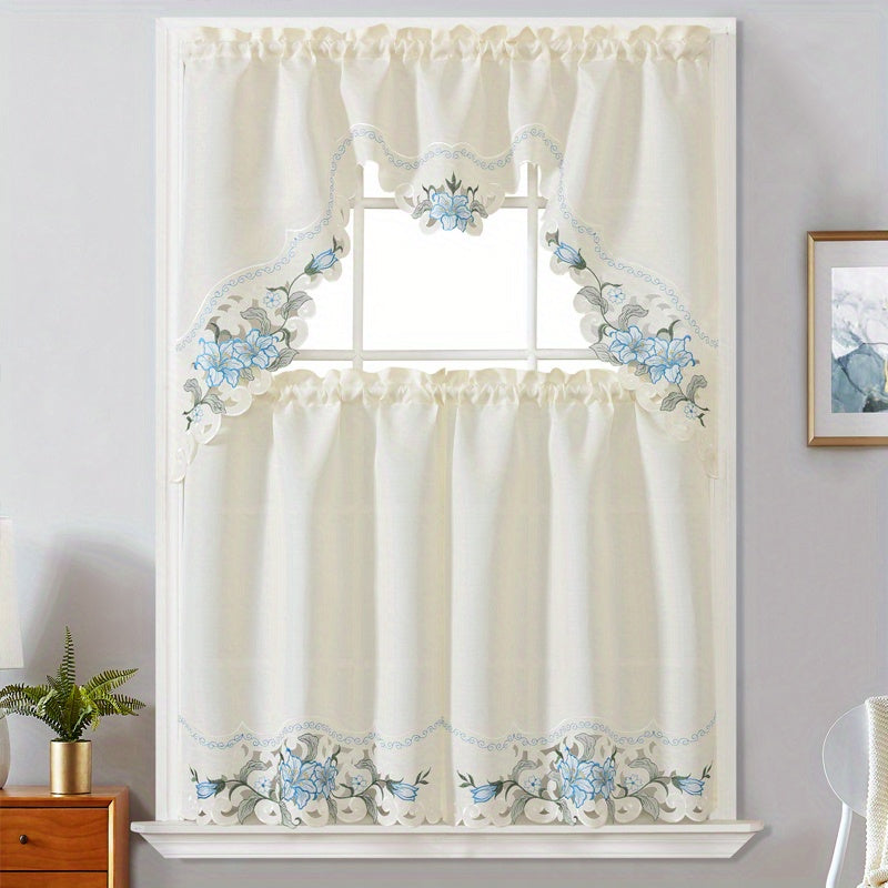 Enhance Your Home Decor with These Elegant 3-Piece Beige Floral Embroidered Polyester Window Curtains - Ideal for Bedroom, Living Room, Kitchen, and More!