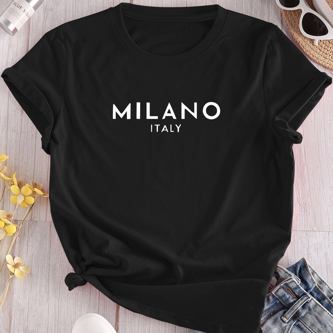 Milano Italy print women's T-shirt with short sleeves, crew neck, knit polyester blend, slight stretch - Spring/Summer/Fall collection.